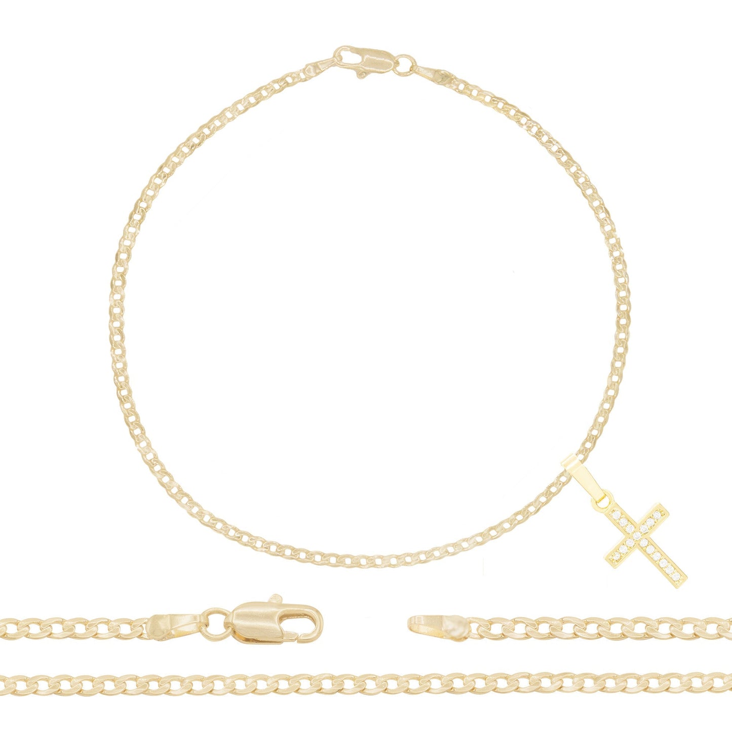 Cross Pendant 14K Gold Filled Cubic Zirconia Anklet 10" Set 2.5 mm Women Jewelry