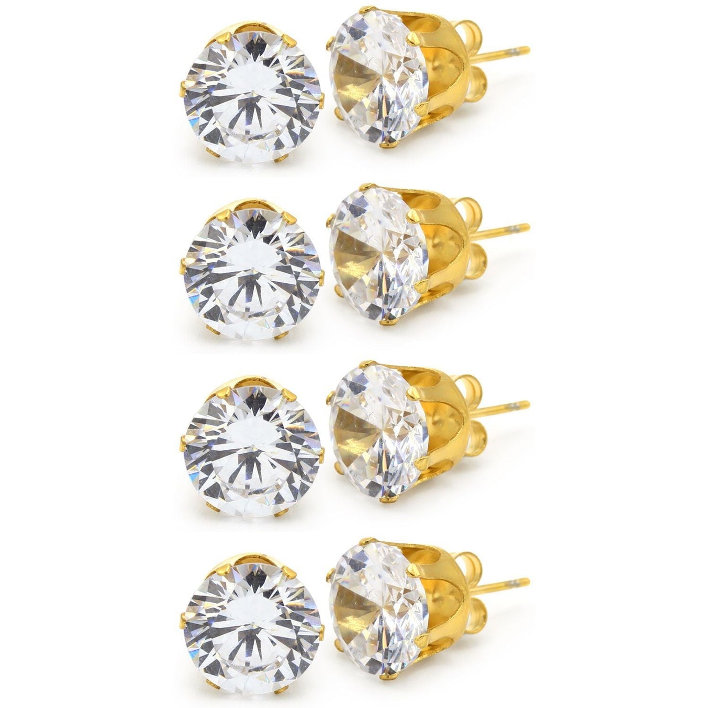 Cubic Zirconia Round 14K Gold Plated Stud Earrings Set Of 4 Stainless Steel Jewelry Men Women