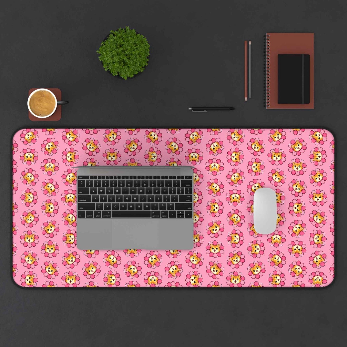 Blooming Chaos Pink Cat Pattern Desk Mat