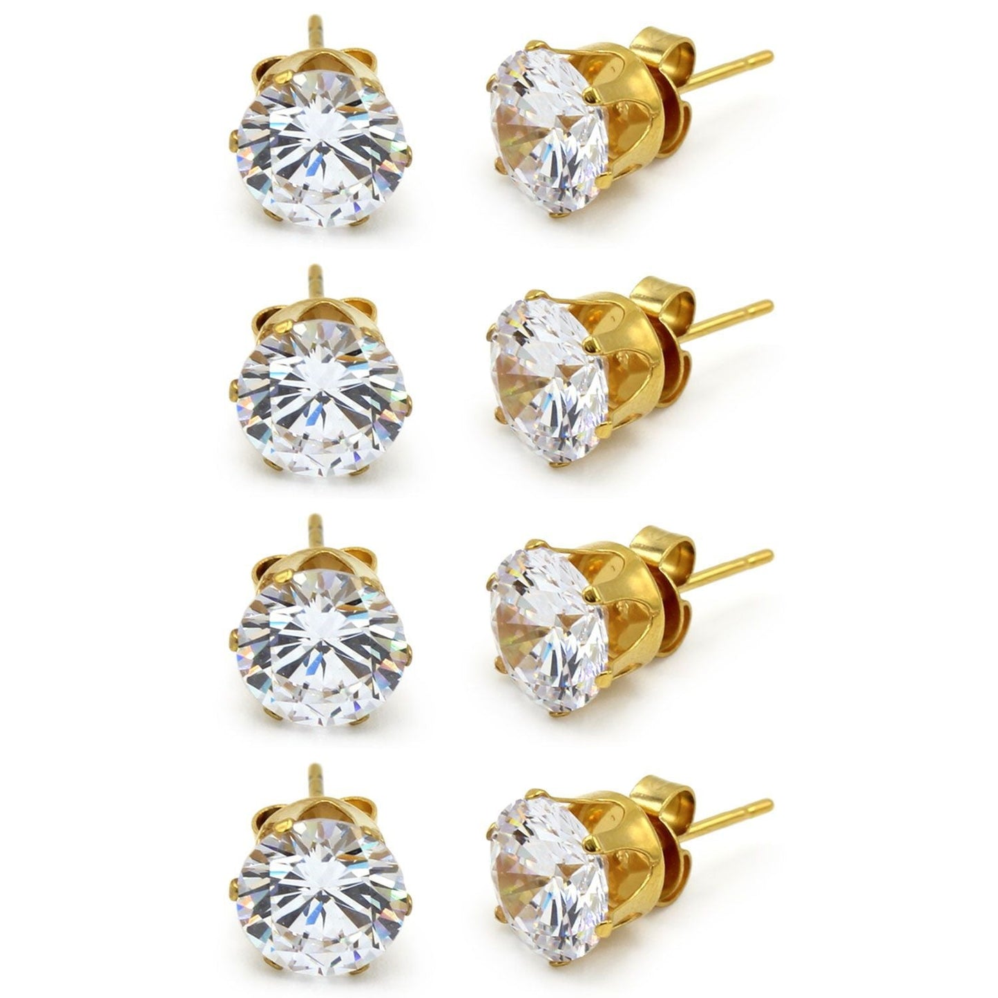 Cubic Zirconia Round 14K Gold Plated Stud Earrings Set Of 4 Stainless Steel Jewelry Men Women