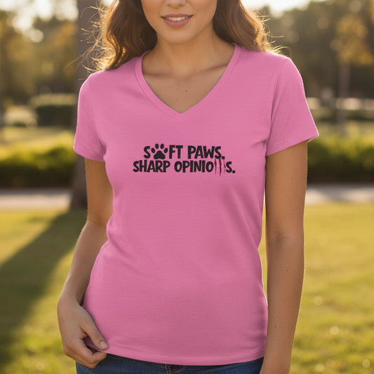 Soft Paws, Sharp Opinions Women’s V-Neck Tee