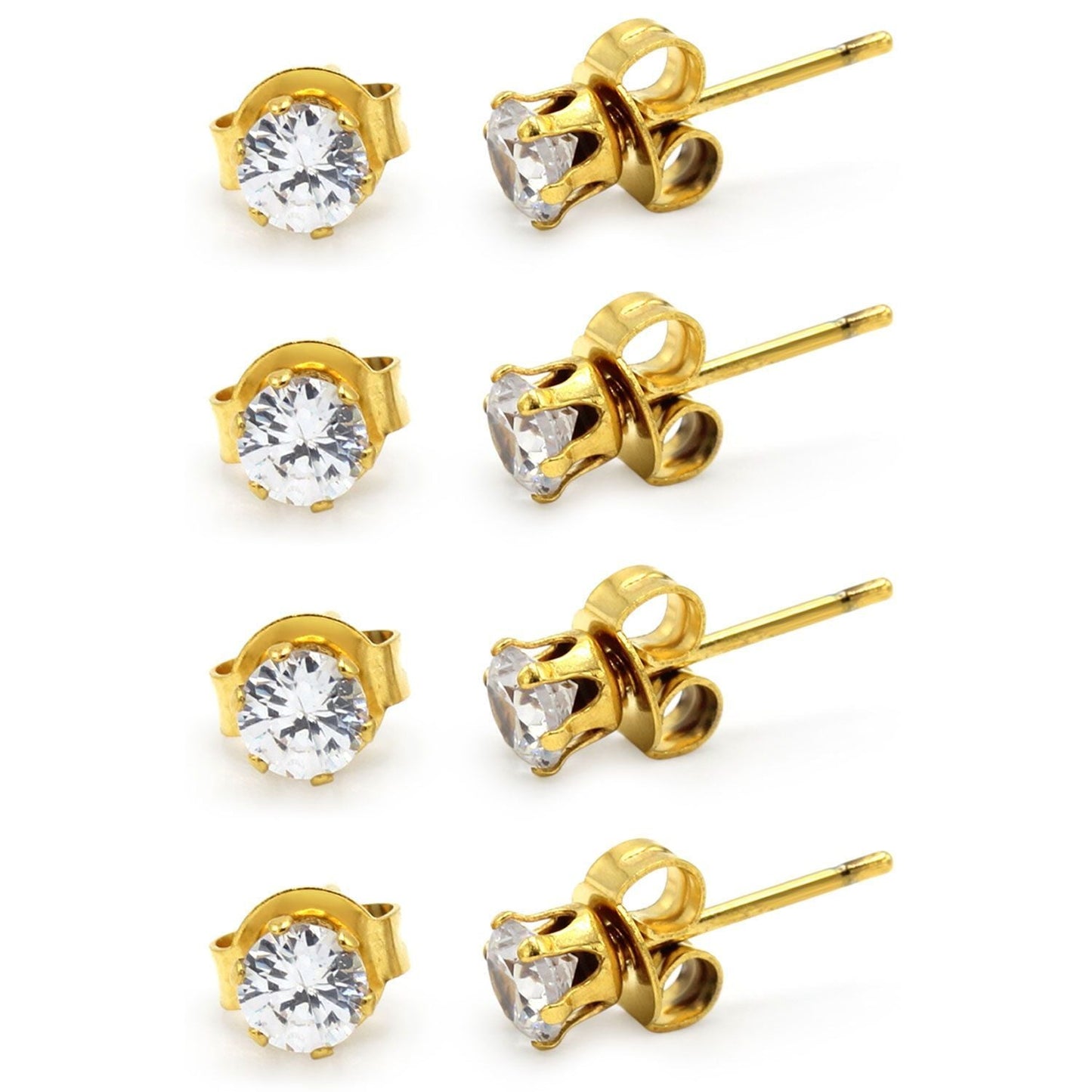 Cubic Zirconia Round 14K Gold Plated Stud Earrings Set Of 4 Stainless Steel Jewelry Men Women
