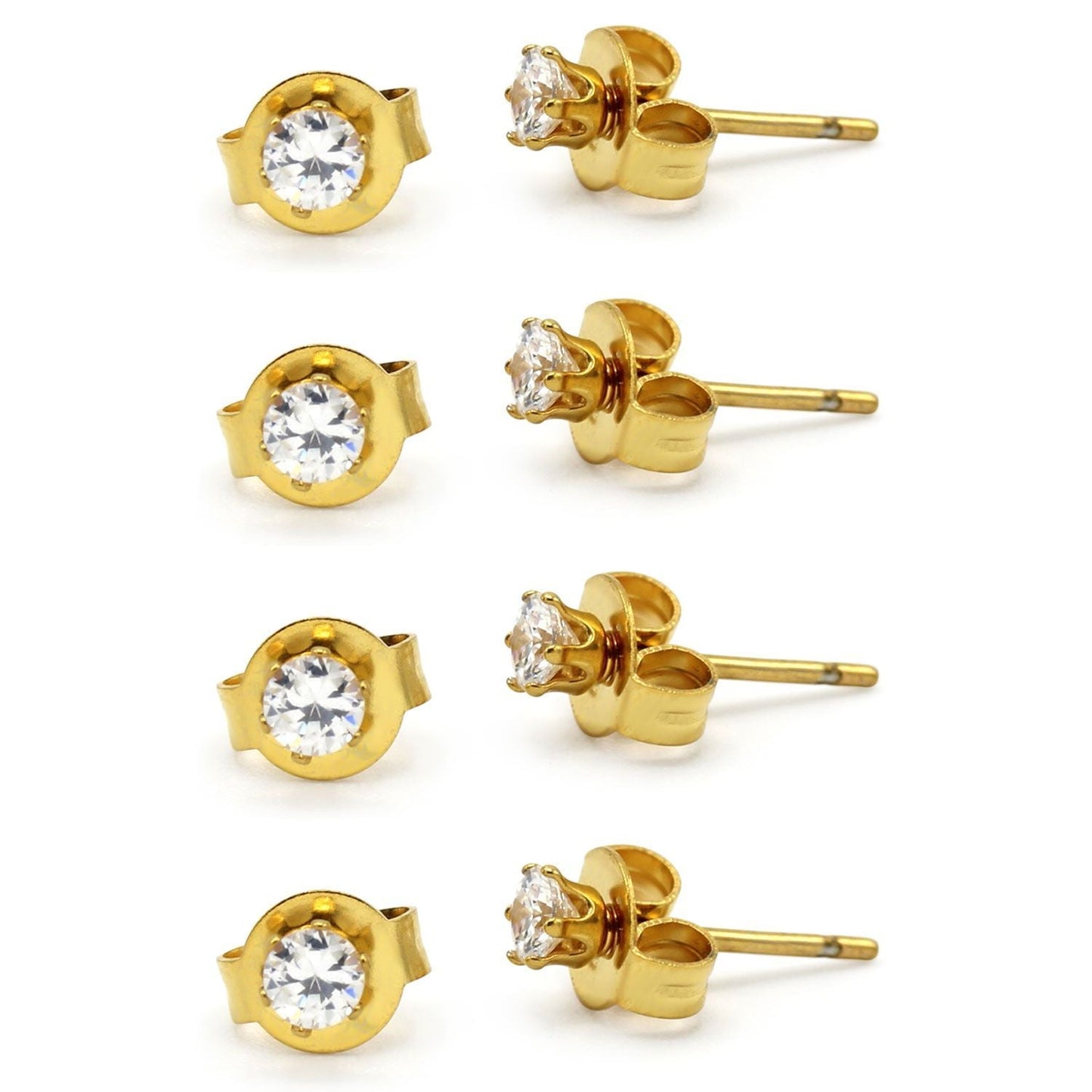 Cubic Zirconia Round 14K Gold Plated Stud Earrings Set Of 4 Stainless Steel Jewelry Men Women