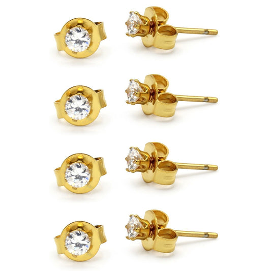 Cubic Zirconia Round 14K Gold Plated Stud Earrings Set Of 4 Stainless Steel Jewelry Men Women