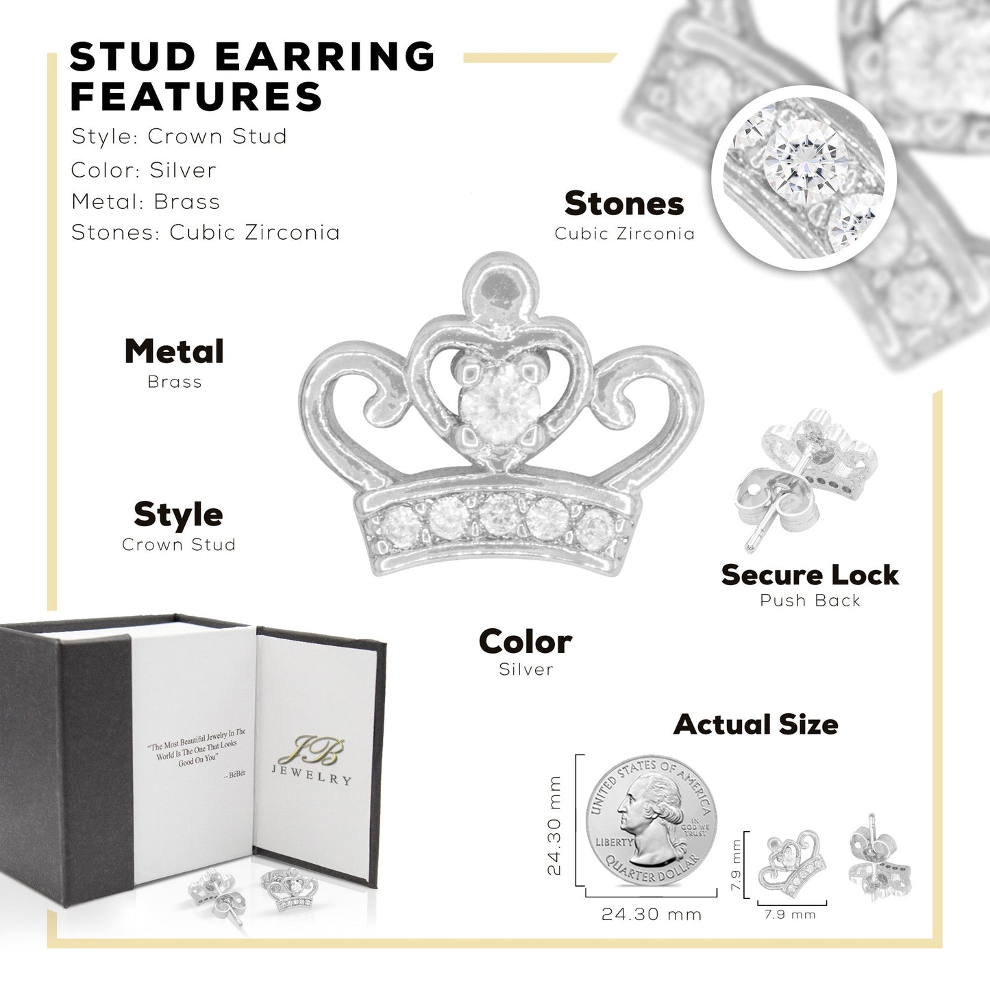 Crown 2  Earrings Cubic Zirconia Hip Hop 14K Gold Filled Silver Studs Jewelry Women