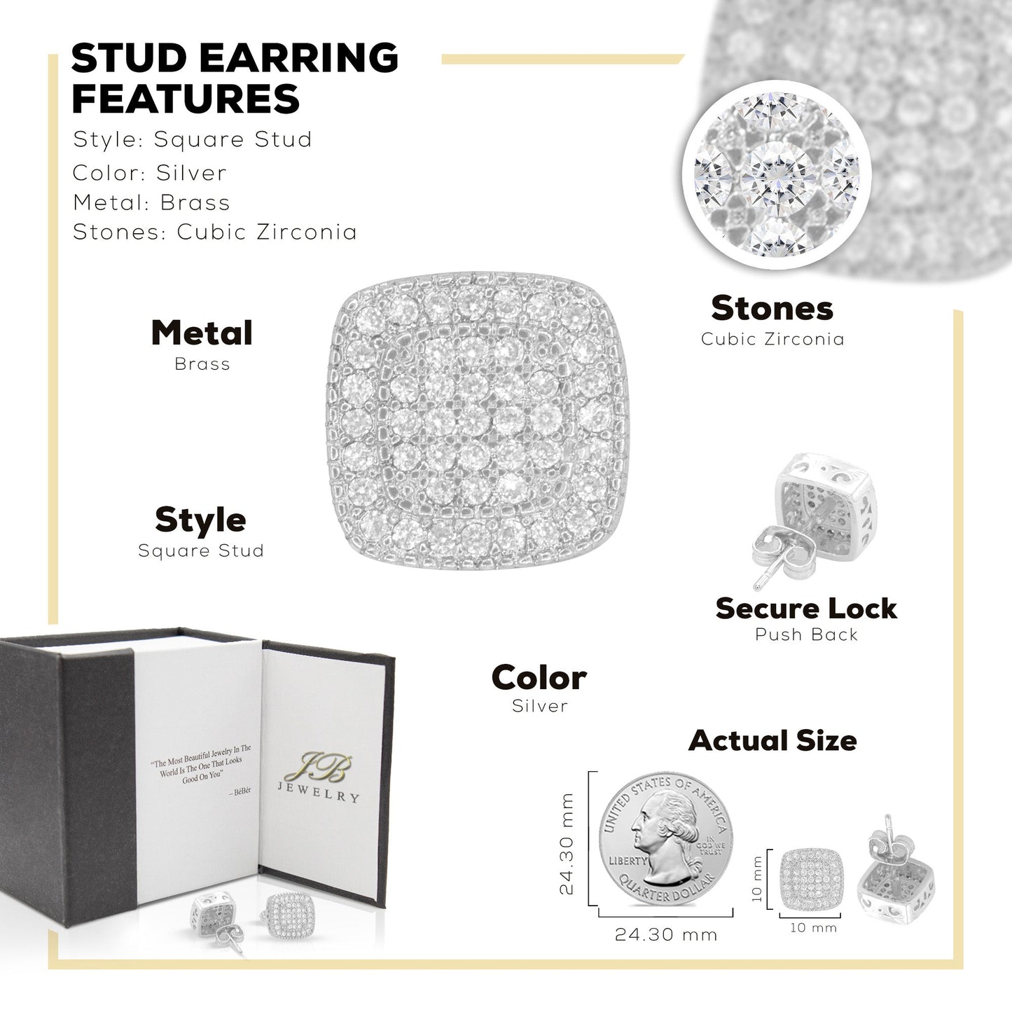 Double Square 6 Cubic Zirconia Earrings 14K Gold Filled Silver Hip Hop Studs Ear Piercing Jewelry Women Men