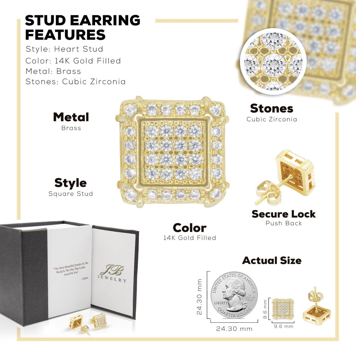 Square 10 Cubic Zirconia Earrings 14K Gold Filled Silver Hip Hop Studs Jewelry Women Men