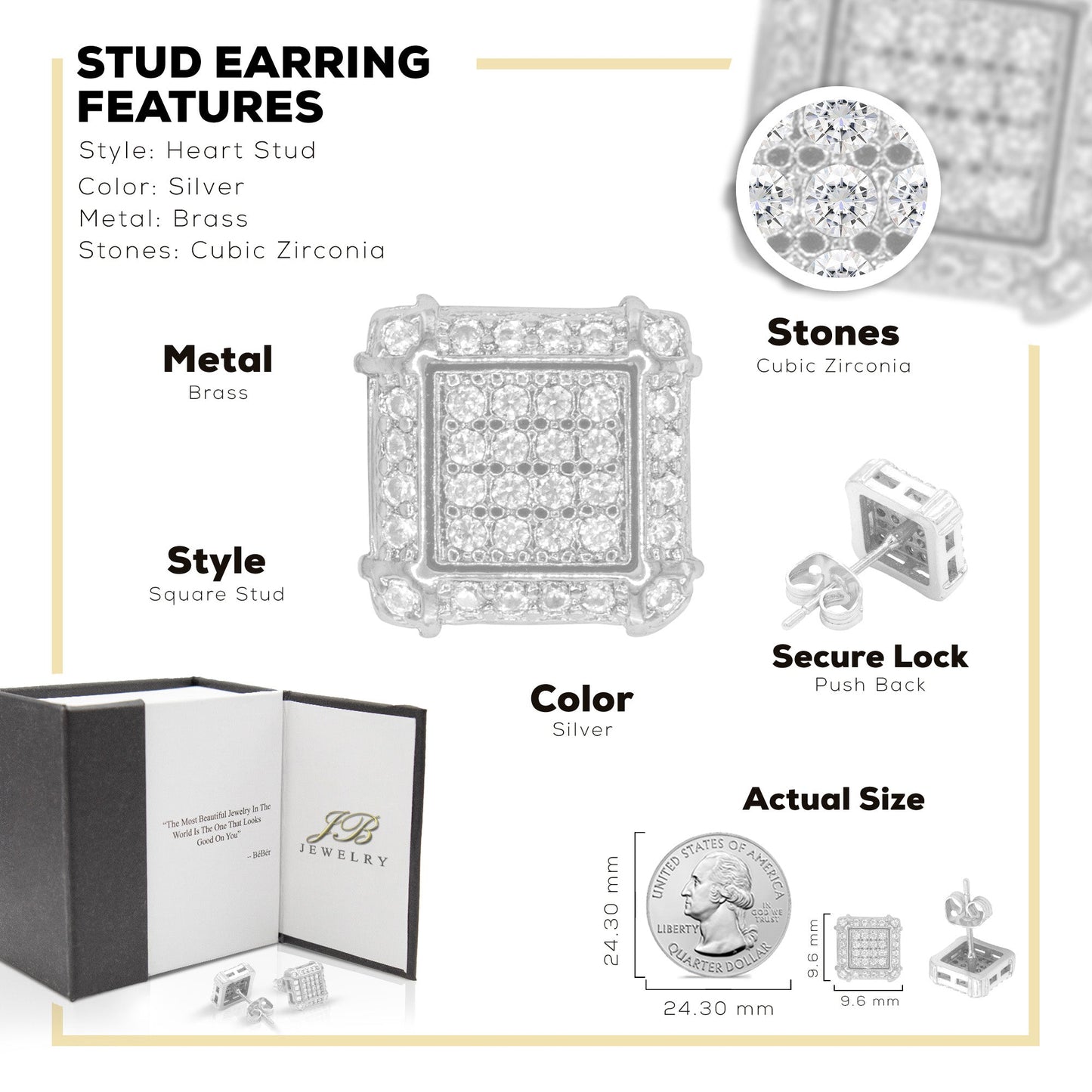 Square 10 Cubic Zirconia Earrings 14K Gold Filled Silver Hip Hop Studs Jewelry Women Men