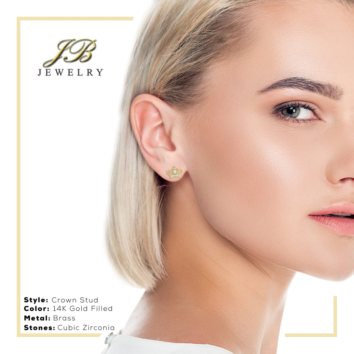 Crown 2  Earrings Cubic Zirconia Hip Hop 14K Gold Filled Silver Studs Jewelry Women
