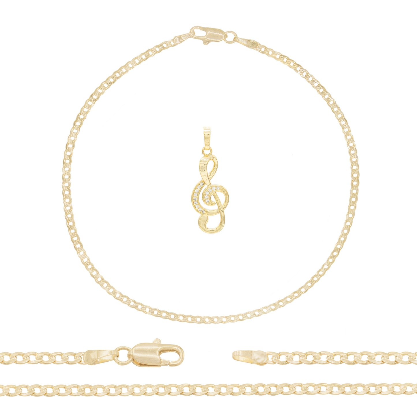 Music Note Pendant 14K Gold Filled Cubic Zirconia Anklet 10" Set 2.5 mm Women Jewelry