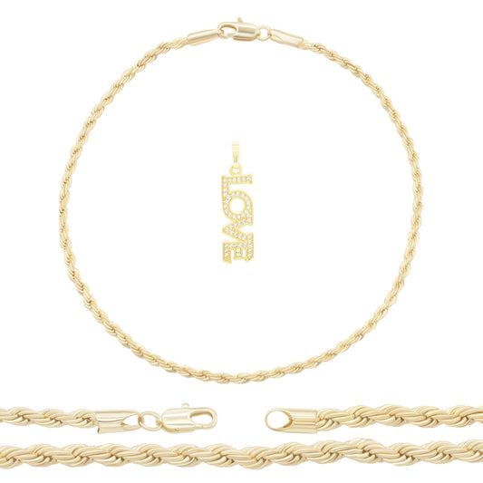 Love 3 Pendant 14K Anklet Gold Filled Cubic Zirconia Charm Rope Chain Set 10" Women Jewelry