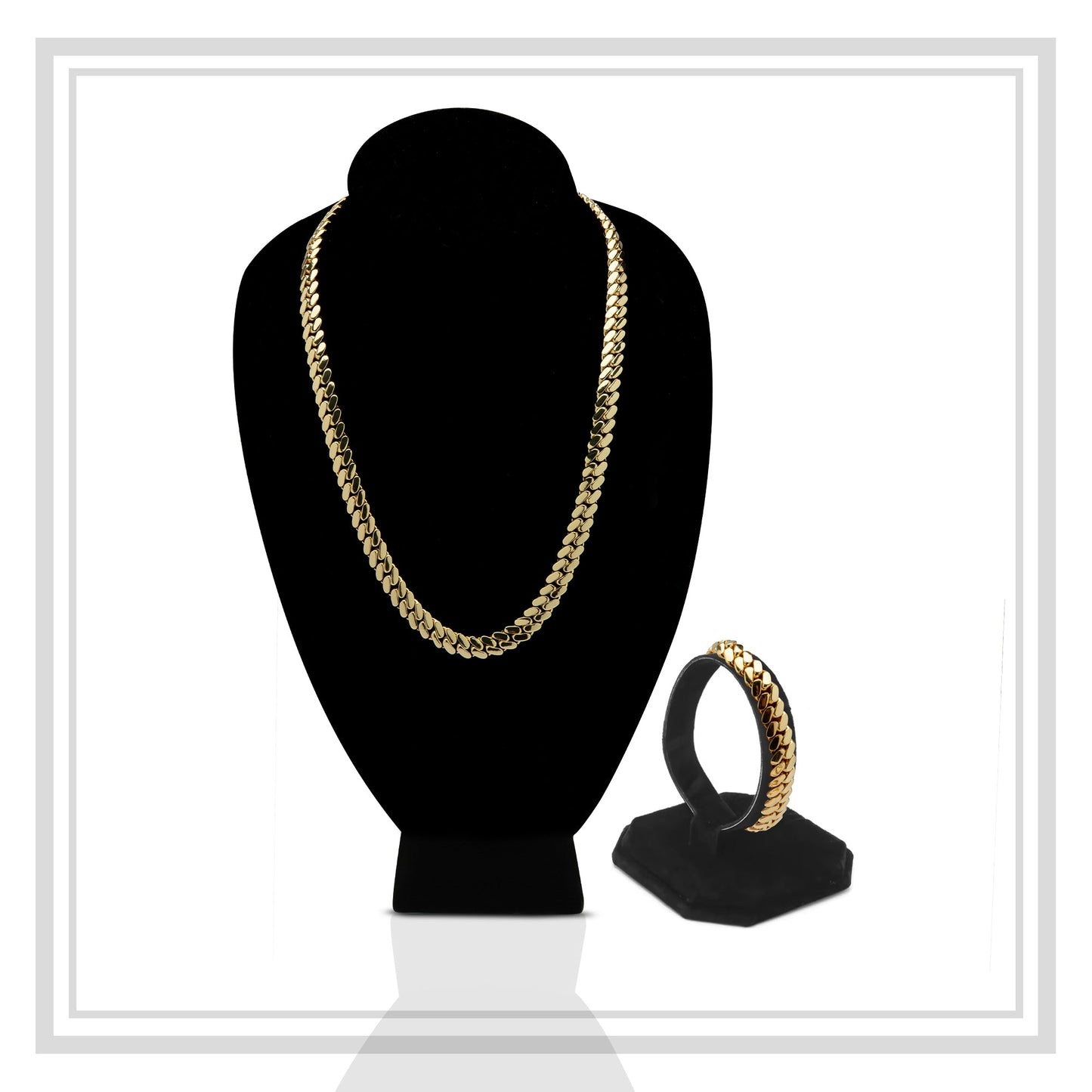 Miami Cuban Link Chain Set Necklace and Bracelet 14K Gold Premium Plated 10-24mm Men Jewelry 24 inch 8.5 inch