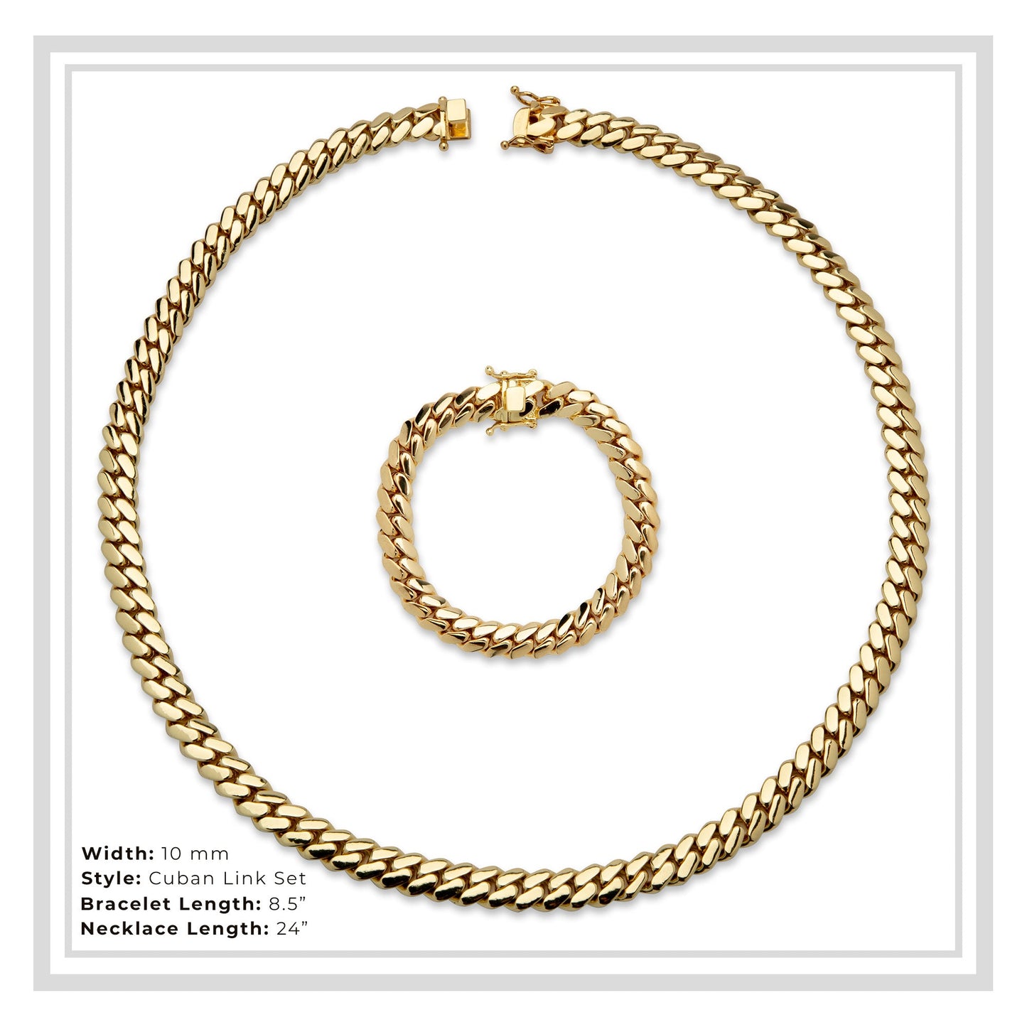 Miami Cuban Link Chain Set Necklace and Bracelet 14K Gold Premium Plated 10-24mm Men Jewelry 24 inch 8.5 inch
