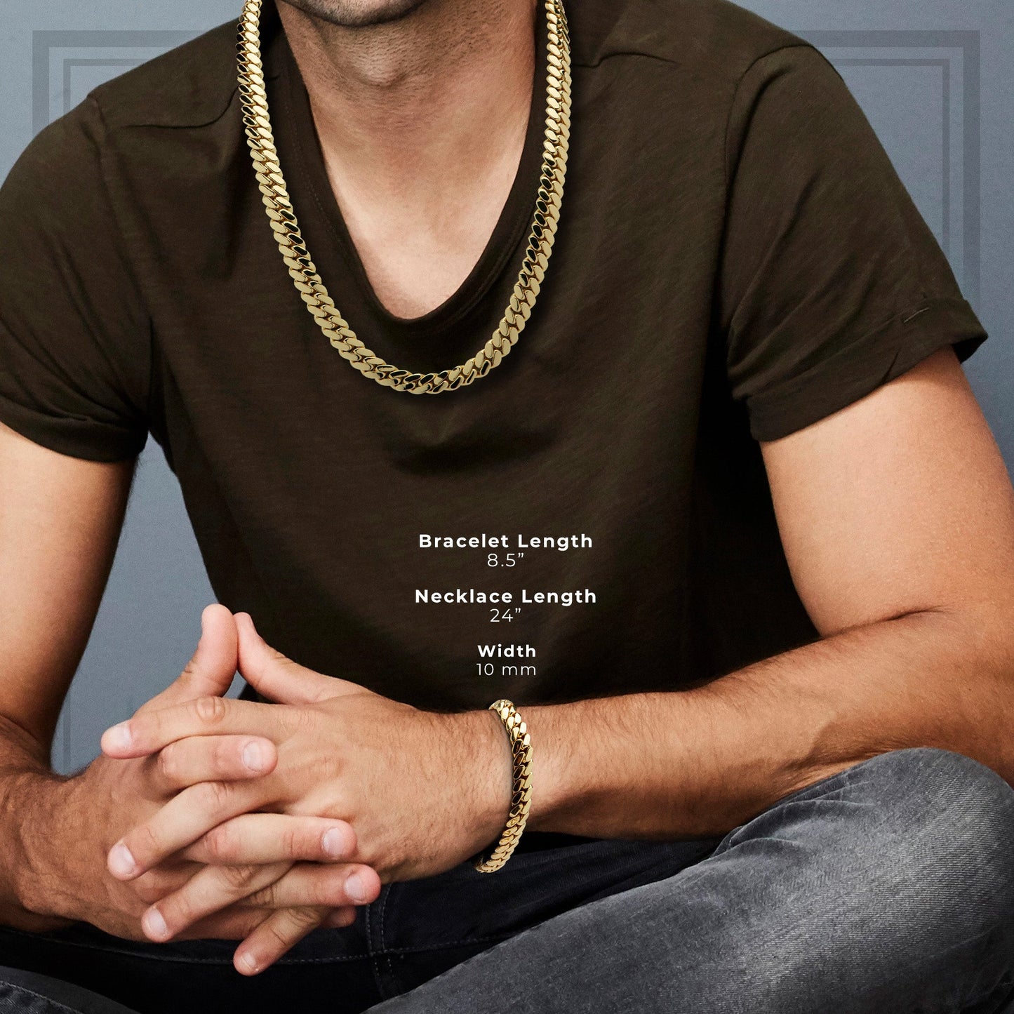 Miami Cuban Link Chain Set Necklace and Bracelet 14K Gold Premium Plated 10-24mm Men Jewelry 24 inch 8.5 inch