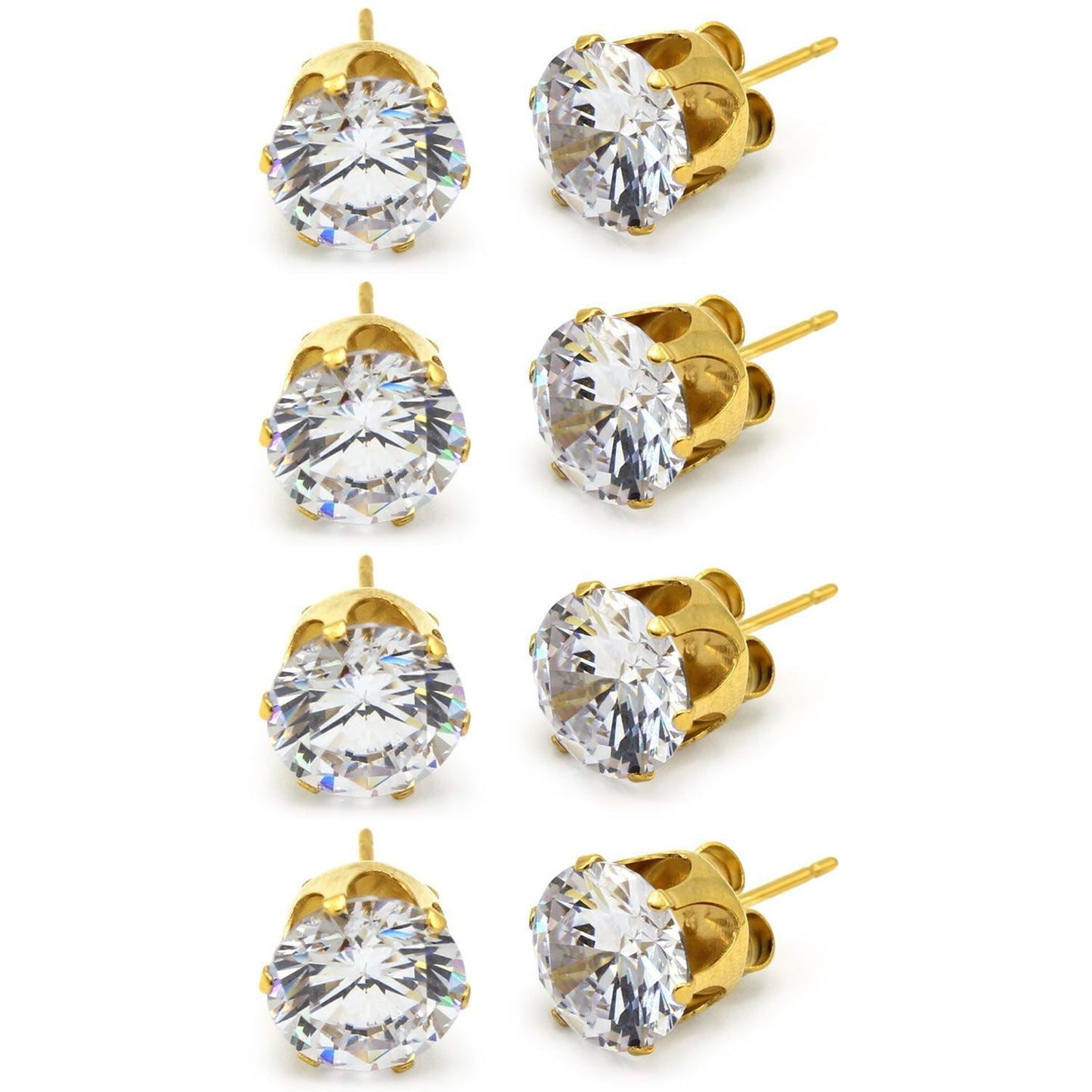 Cubic Zirconia Round 14K Gold Plated Stud Earrings Set Of 4 Stainless Steel Jewelry Men Women