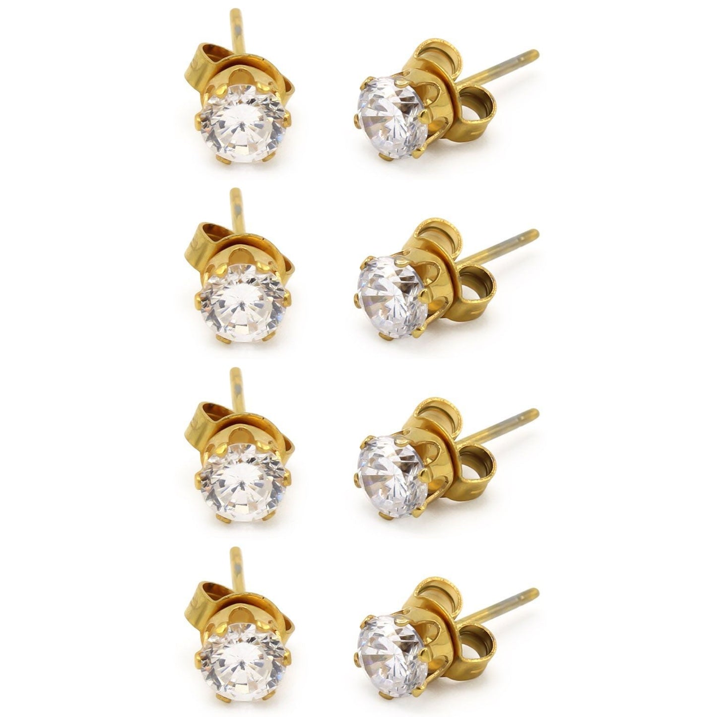 Cubic Zirconia Round 14K Gold Plated Stud Earrings Set Of 4 Stainless Steel Jewelry Men Women