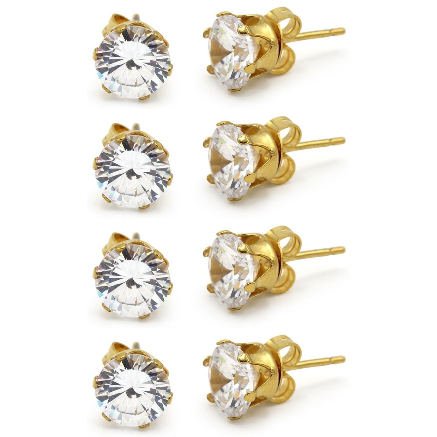 Cubic Zirconia Round 14K Gold Plated Stud Earrings Set Of 4 Stainless Steel Jewelry Men Women