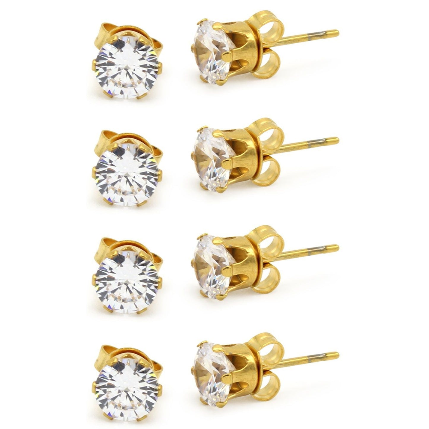 Cubic Zirconia Round 14K Gold Plated Stud Earrings Set Of 4 Stainless Steel Jewelry Men Women